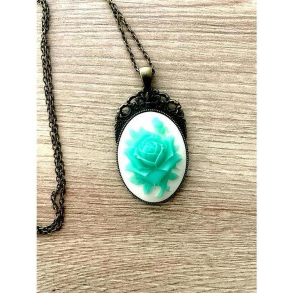 White and Green Rose Victorian Style Cameo Necklace